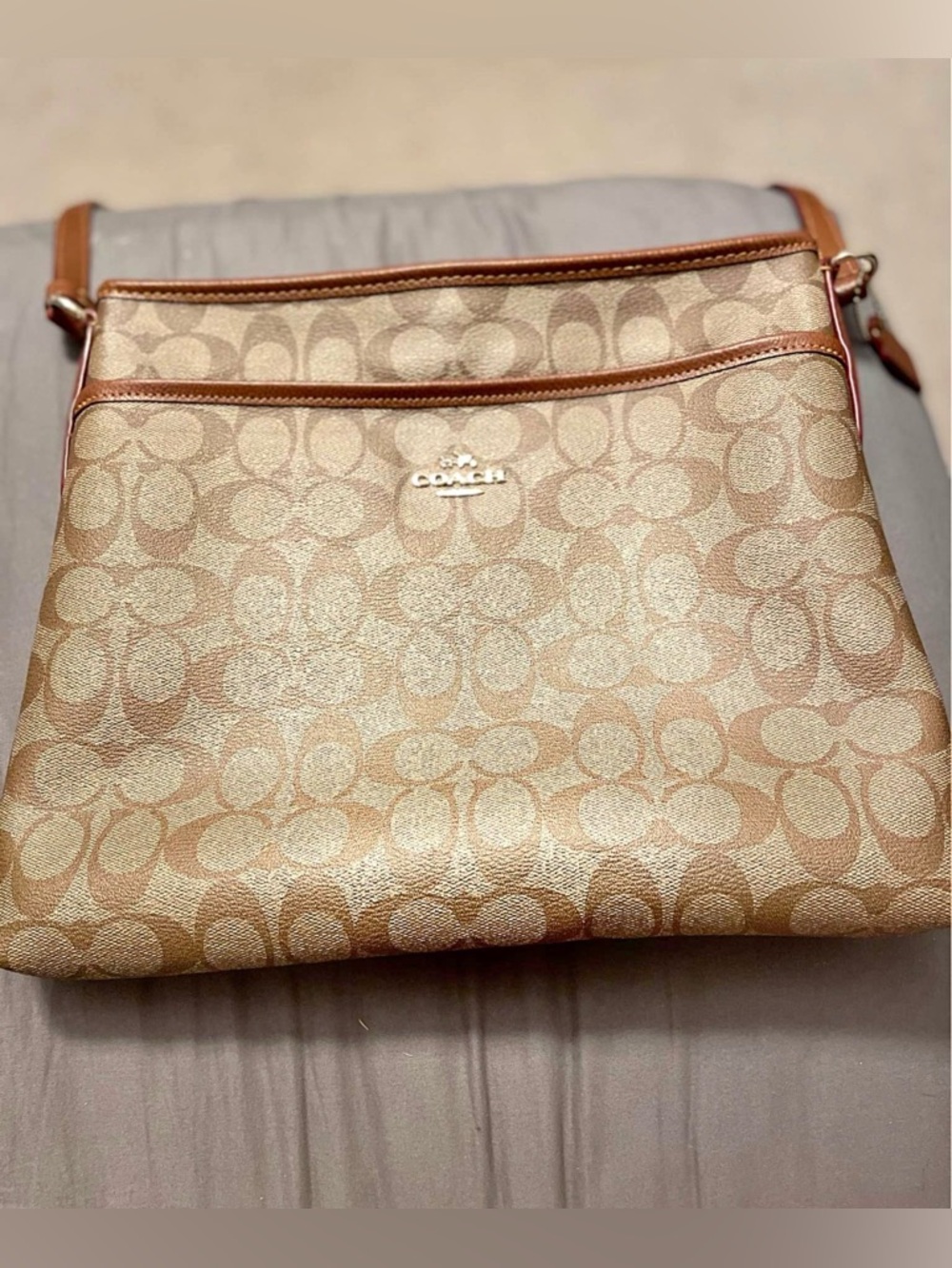 Coach Pale Tan Signature Crossbody Bag with Brown Trim